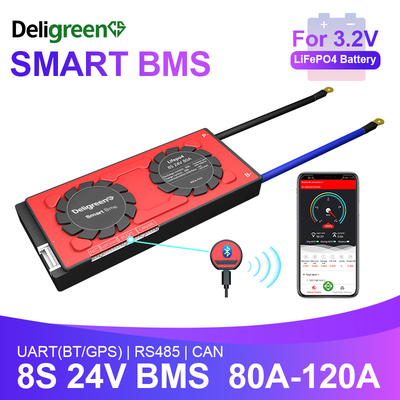 Deligreen Smart Bms Lifepo4 باتری 8S 24v 80-120A با UART BT 485 CAN عملکرد برای ذخیره در فضای باز RV
